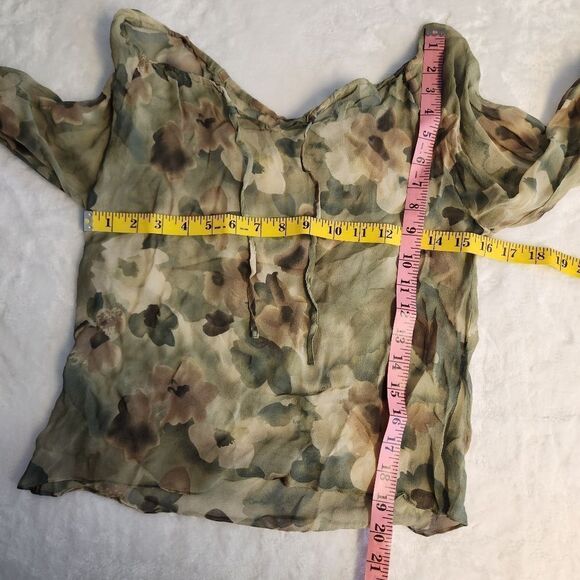 Vintage Kenneth Jay Lane Green Silk Sheer Floral Blouse Sz M - Picture 9 of 9